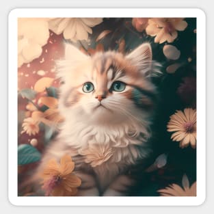 Cute Brown Kitten with flowers | White, brown and red cat with blue eyes | Digital art Sticker Sticker